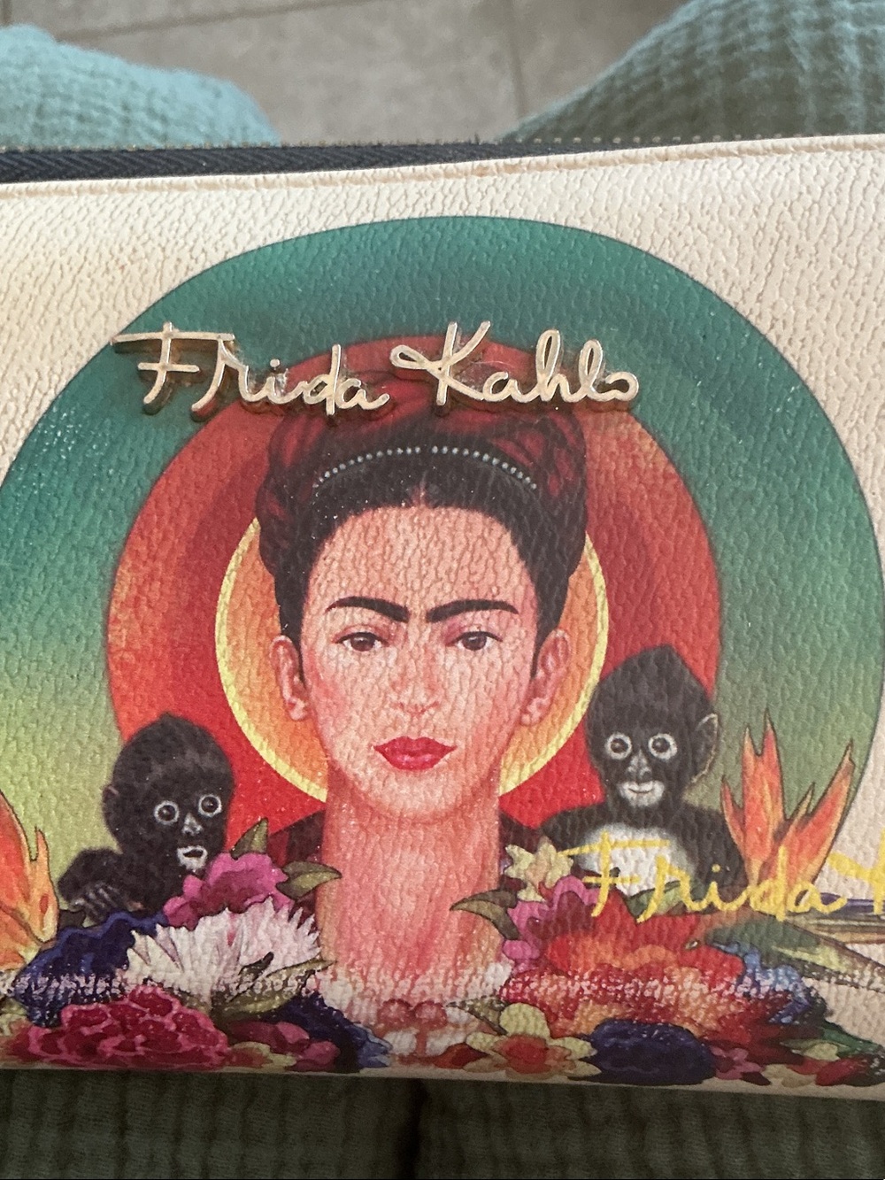 Frida Kahlo Cream wristlet with Colorful Artwork